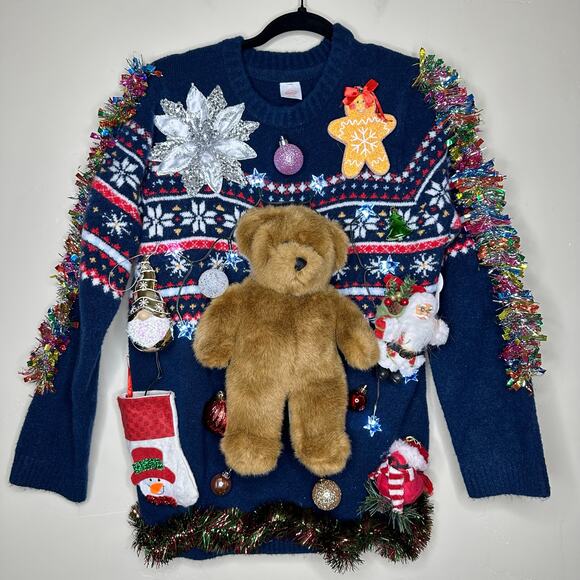 Ugly Christmas Sweater Teddy Bear LIGHTS UP Tinsel Xmas Party Winner Size Small - Picture 1 of 5